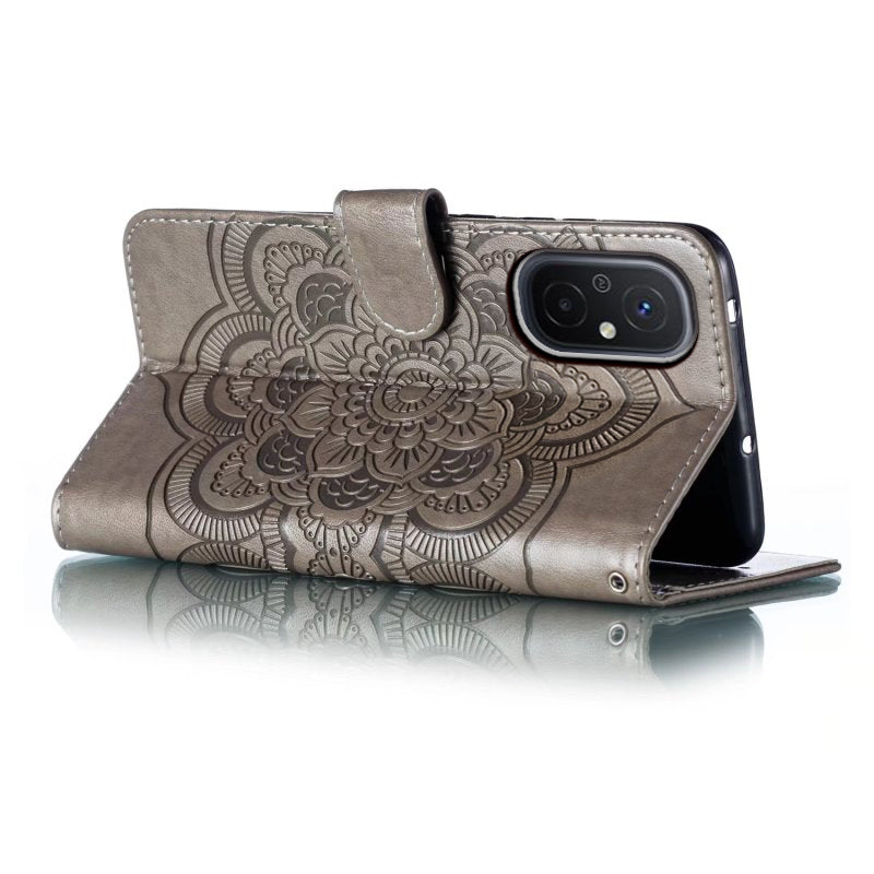 Uniqkart for Xiaomi Redmi 12C 4G Leather Wallet Phone Cover Mandala Imprinted Drop-proof Stand Case - Grey