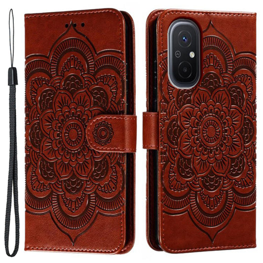 Uniqkart for Xiaomi Redmi 12C 4G Leather Wallet Phone Cover Mandala Imprinted Drop-proof Stand Case - Brown