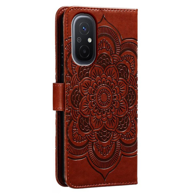 Uniqkart for Xiaomi Redmi 12C 4G Leather Wallet Phone Cover Mandala Imprinted Drop-proof Stand Case - Brown
