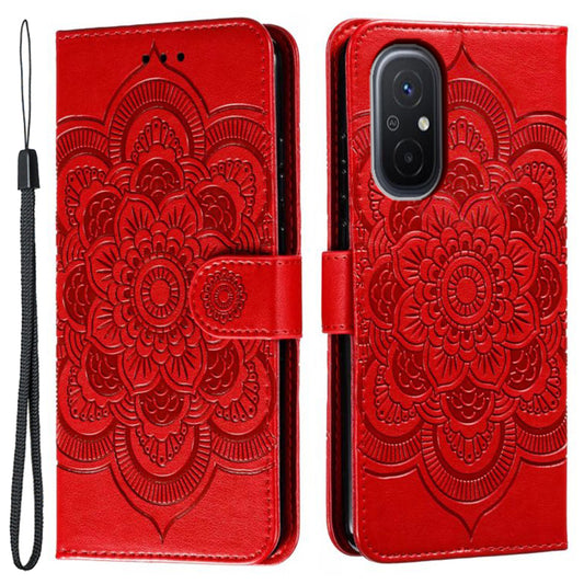 Uniqkart for Xiaomi Redmi 12C 4G Leather Wallet Phone Cover Mandala Imprinted Drop-proof Stand Case - Red