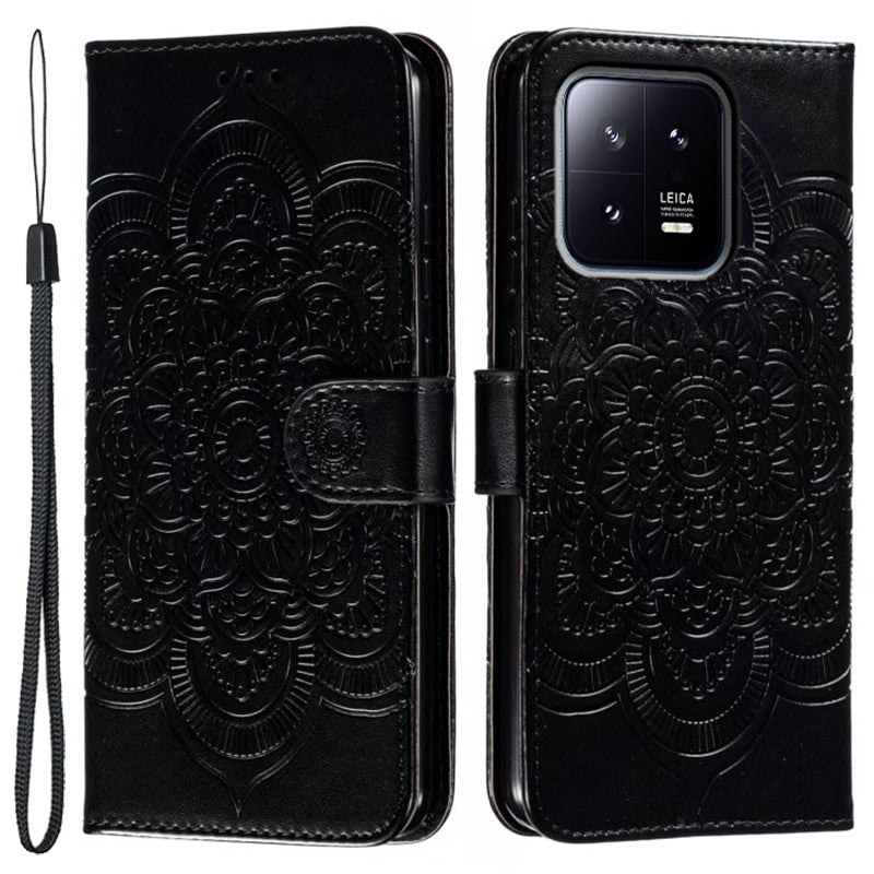 Uniqkart for Xiaomi 13 PU Leather Wallet Stand Phone Case Mandala Flower Imprinting Anti-drop Cover - Black