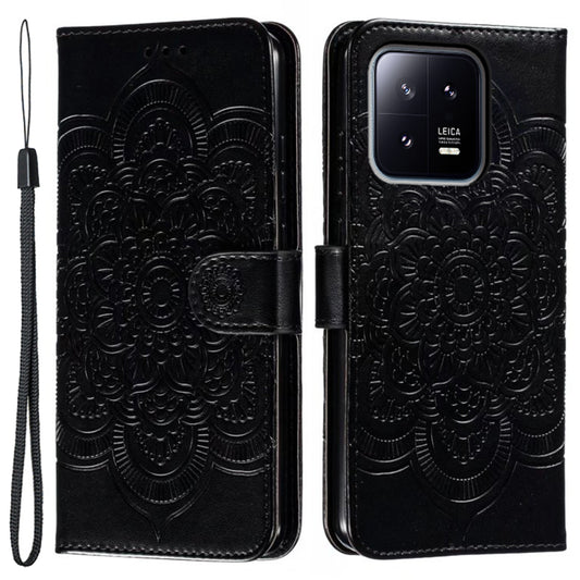 Uniqkart for Xiaomi 13 PU Leather Wallet Stand Phone Case Mandala Flower Imprinting Anti-drop Cover - Black
