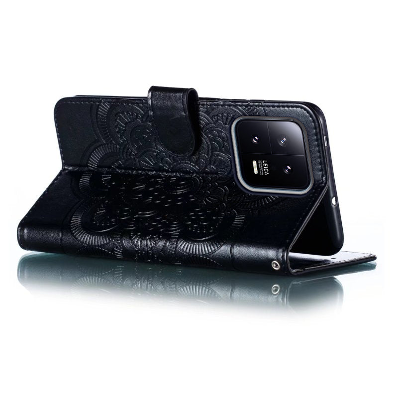 Uniqkart for Xiaomi 13 PU Leather Wallet Stand Phone Case Mandala Flower Imprinting Anti-drop Cover - Black