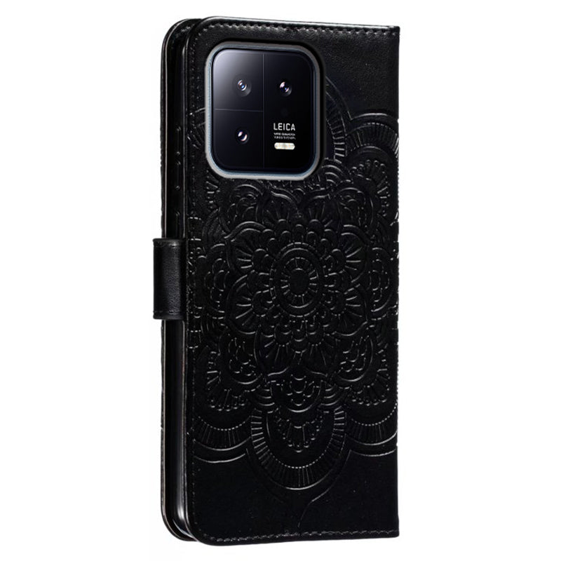 Uniqkart for Xiaomi 13 PU Leather Wallet Stand Phone Case Mandala Flower Imprinting Anti-drop Cover - Black