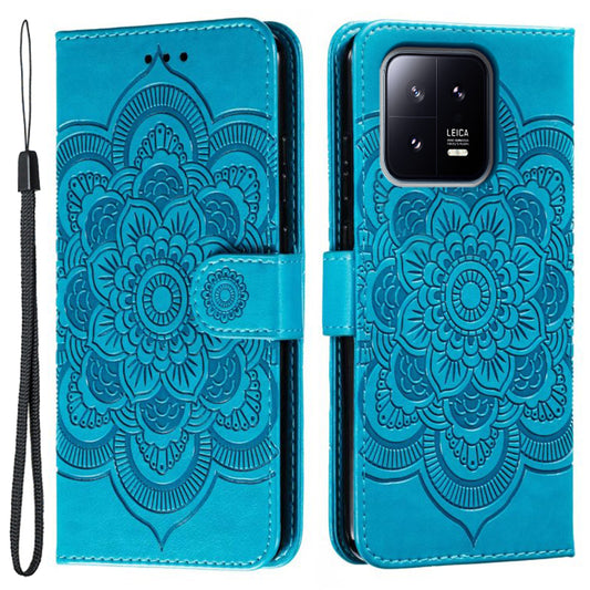 Uniqkart for Xiaomi 13 PU Leather Wallet Stand Phone Case Mandala Flower Imprinting Anti-drop Cover - Blue