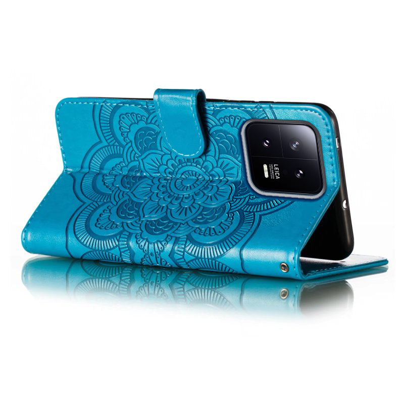 Uniqkart for Xiaomi 13 PU Leather Wallet Stand Phone Case Mandala Flower Imprinting Anti-drop Cover - Blue