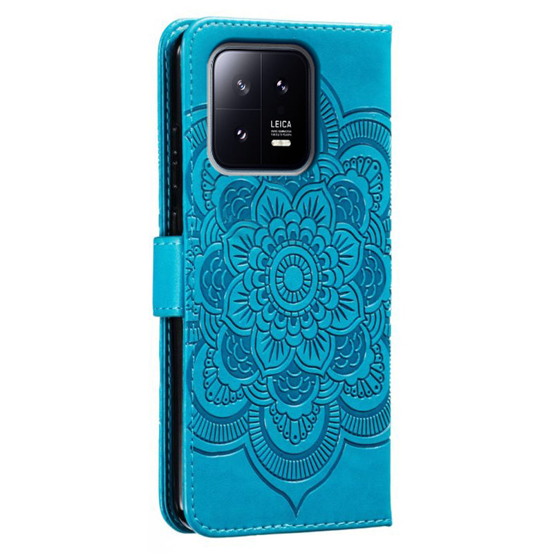 Uniqkart for Xiaomi 13 PU Leather Wallet Stand Phone Case Mandala Flower Imprinting Anti-drop Cover - Blue