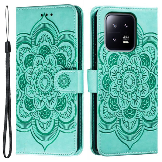 Uniqkart for Xiaomi 13 PU Leather Wallet Stand Phone Case Mandala Flower Imprinting Anti-drop Cover - Green