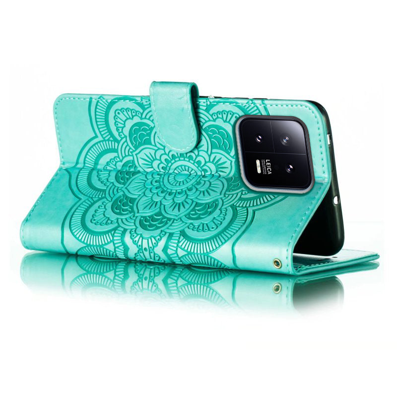 Uniqkart for Xiaomi 13 PU Leather Wallet Stand Phone Case Mandala Flower Imprinting Anti-drop Cover - Green