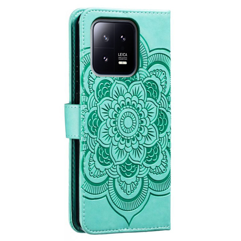 Uniqkart for Xiaomi 13 PU Leather Wallet Stand Phone Case Mandala Flower Imprinting Anti-drop Cover - Green