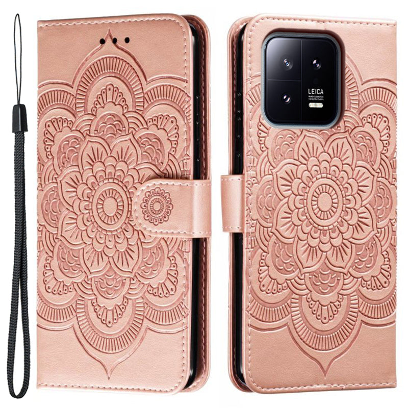 Uniqkart for Xiaomi 13 PU Leather Wallet Stand Phone Case Mandala Flower Imprinting Anti-drop Cover - Rose Gold