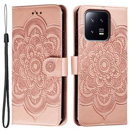 Uniqkart for Xiaomi 13 PU Leather Wallet Stand Phone Case Mandala Flower Imprinting Anti-drop Cover - Rose Gold