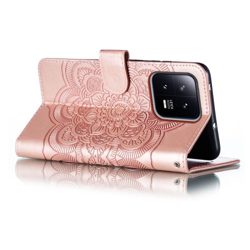Uniqkart for Xiaomi 13 PU Leather Wallet Stand Phone Case Mandala Flower Imprinting Anti-drop Cover - Rose Gold