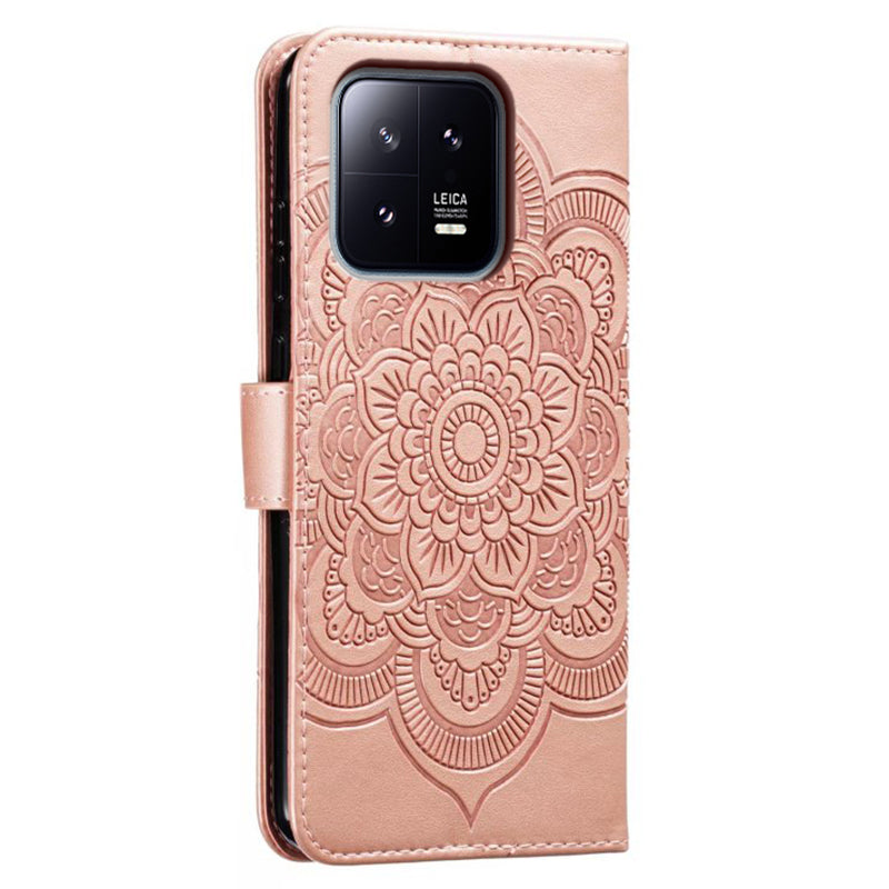 Uniqkart for Xiaomi 13 PU Leather Wallet Stand Phone Case Mandala Flower Imprinting Anti-drop Cover - Rose Gold