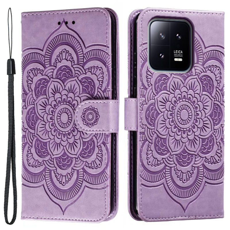 Uniqkart for Xiaomi 13 PU Leather Wallet Stand Phone Case Mandala Flower Imprinting Anti-drop Cover - Purple