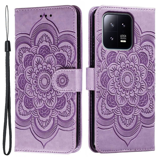 Uniqkart for Xiaomi 13 PU Leather Wallet Stand Phone Case Mandala Flower Imprinting Anti-drop Cover - Purple