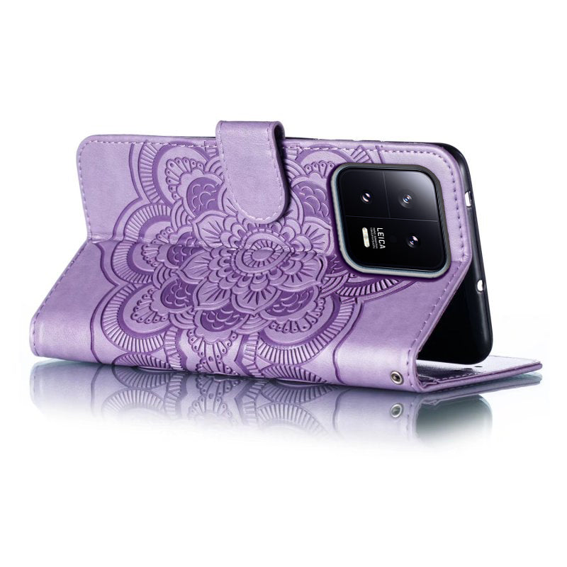 Uniqkart for Xiaomi 13 PU Leather Wallet Stand Phone Case Mandala Flower Imprinting Anti-drop Cover - Purple