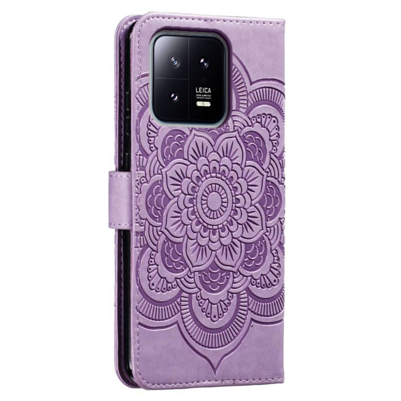 Uniqkart for Xiaomi 13 PU Leather Wallet Stand Phone Case Mandala Flower Imprinting Anti-drop Cover - Purple