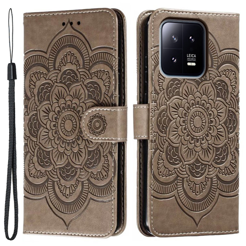 Uniqkart for Xiaomi 13 PU Leather Wallet Stand Phone Case Mandala Flower Imprinting Anti-drop Cover - Grey