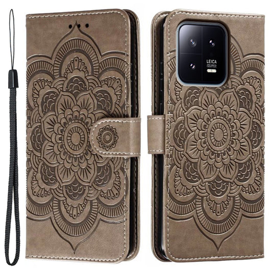 Uniqkart for Xiaomi 13 PU Leather Wallet Stand Phone Case Mandala Flower Imprinting Anti-drop Cover - Grey