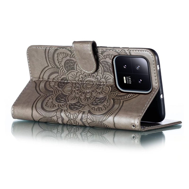 Uniqkart for Xiaomi 13 PU Leather Wallet Stand Phone Case Mandala Flower Imprinting Anti-drop Cover - Grey