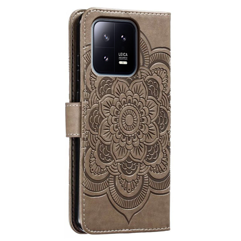 Uniqkart for Xiaomi 13 PU Leather Wallet Stand Phone Case Mandala Flower Imprinting Anti-drop Cover - Grey