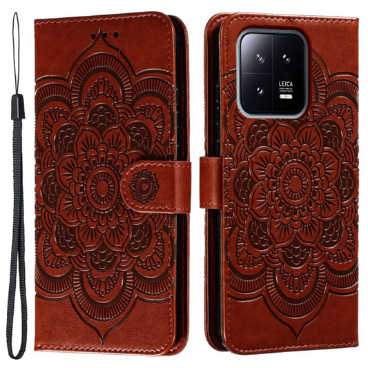 Uniqkart for Xiaomi 13 PU Leather Wallet Stand Phone Case Mandala Flower Imprinting Anti-drop Cover - Brown