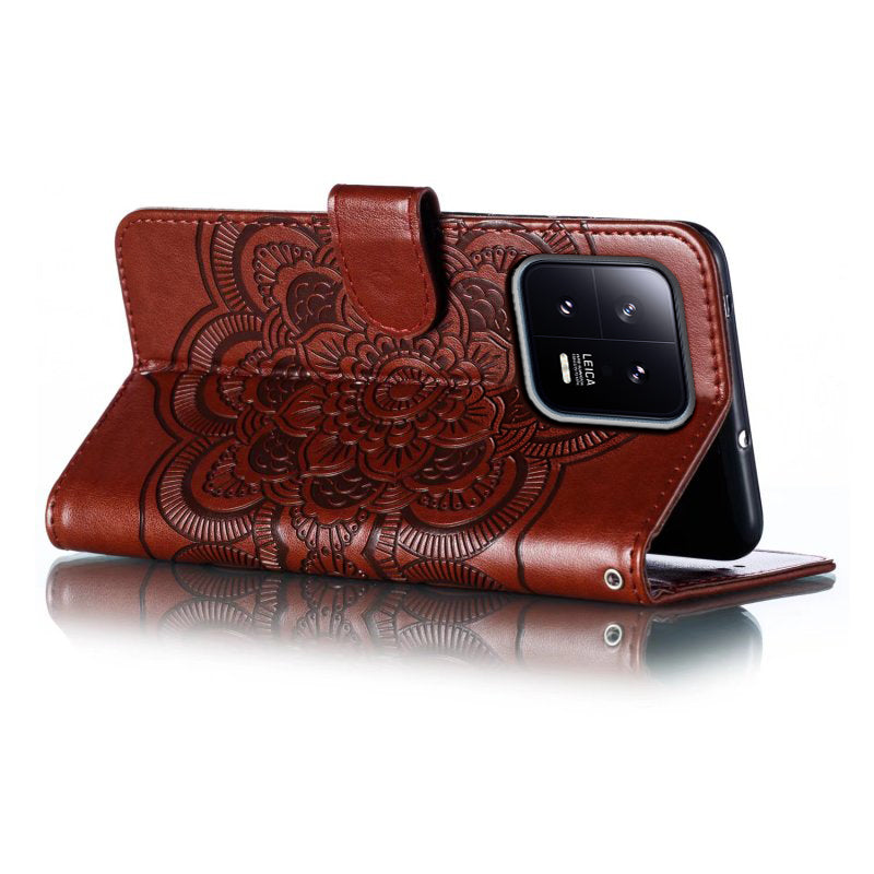 Uniqkart for Xiaomi 13 PU Leather Wallet Stand Phone Case Mandala Flower Imprinting Anti-drop Cover - Brown