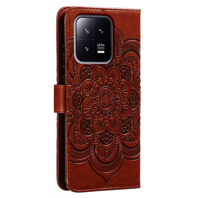 Uniqkart for Xiaomi 13 PU Leather Wallet Stand Phone Case Mandala Flower Imprinting Anti-drop Cover - Brown
