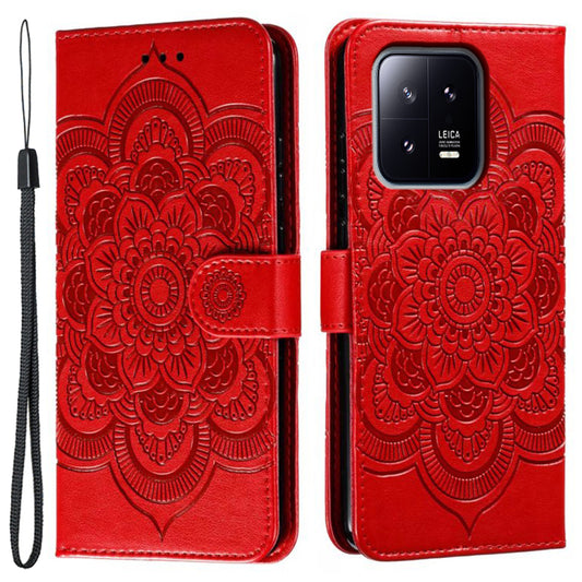 Uniqkart for Xiaomi 13 PU Leather Wallet Stand Phone Case Mandala Flower Imprinting Anti-drop Cover - Red