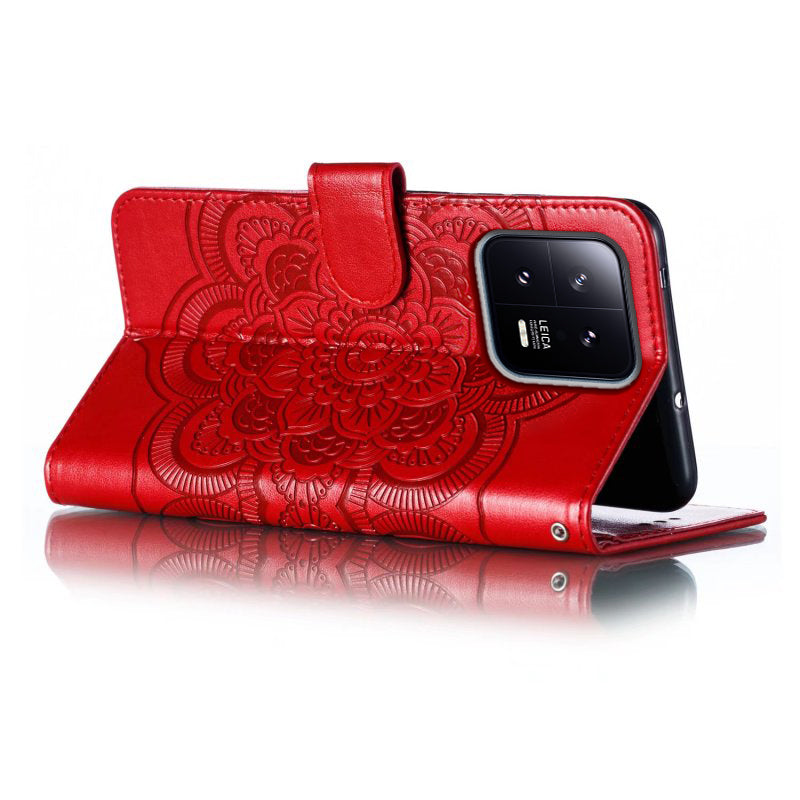 Uniqkart for Xiaomi 13 PU Leather Wallet Stand Phone Case Mandala Flower Imprinting Anti-drop Cover - Red