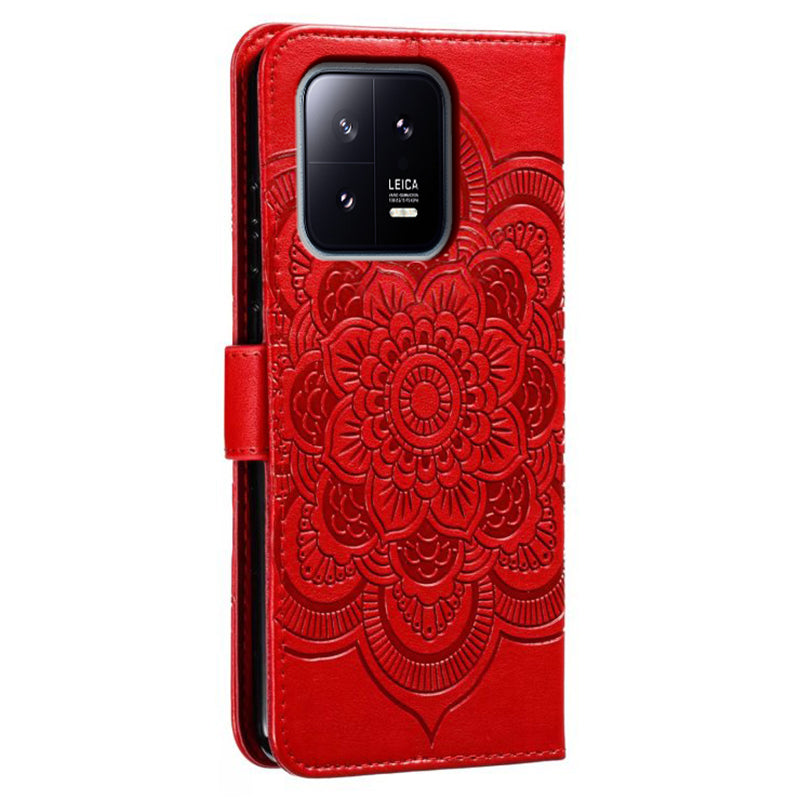 Uniqkart for Xiaomi 13 PU Leather Wallet Stand Phone Case Mandala Flower Imprinting Anti-drop Cover - Red