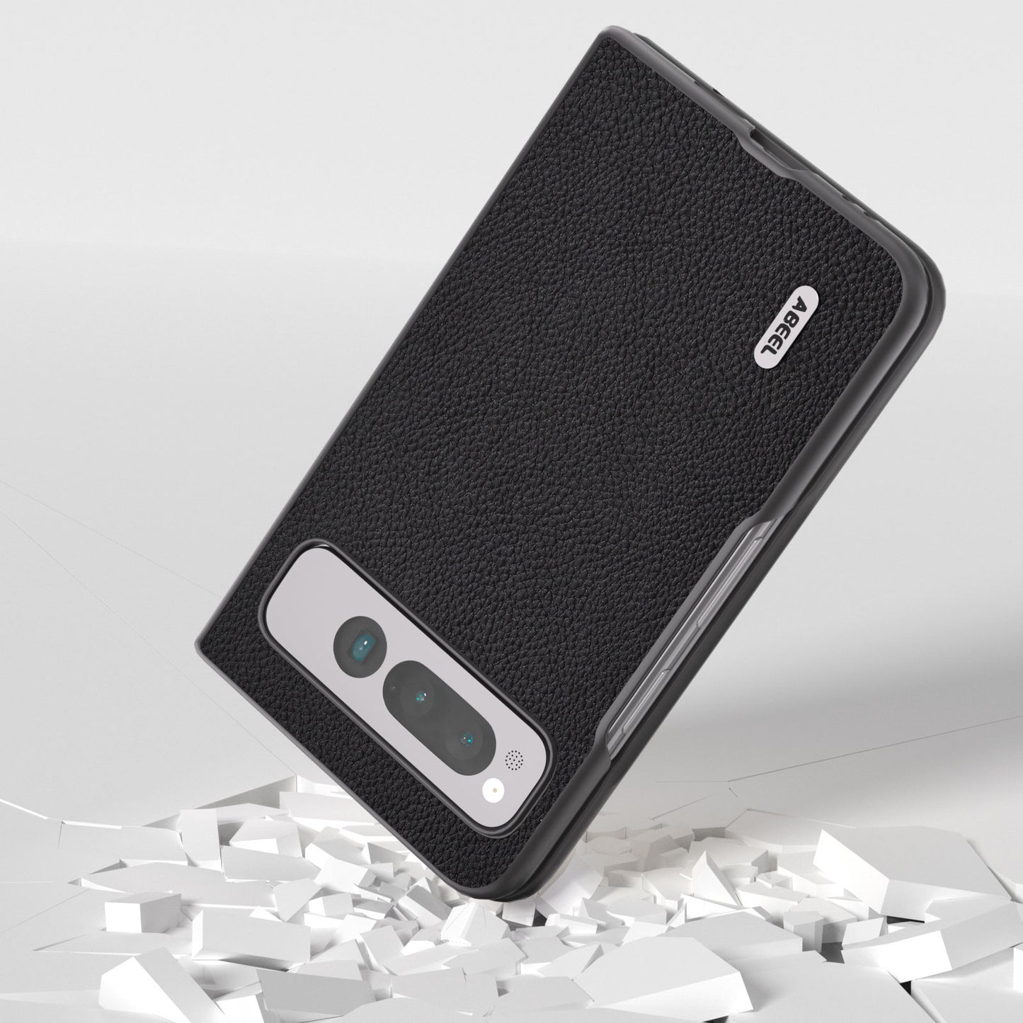 Uniqkart for Google Pixel Fold Cowhide Leather + Hard PC Cover Litchi Texture Folding Protective Phone Case - Black