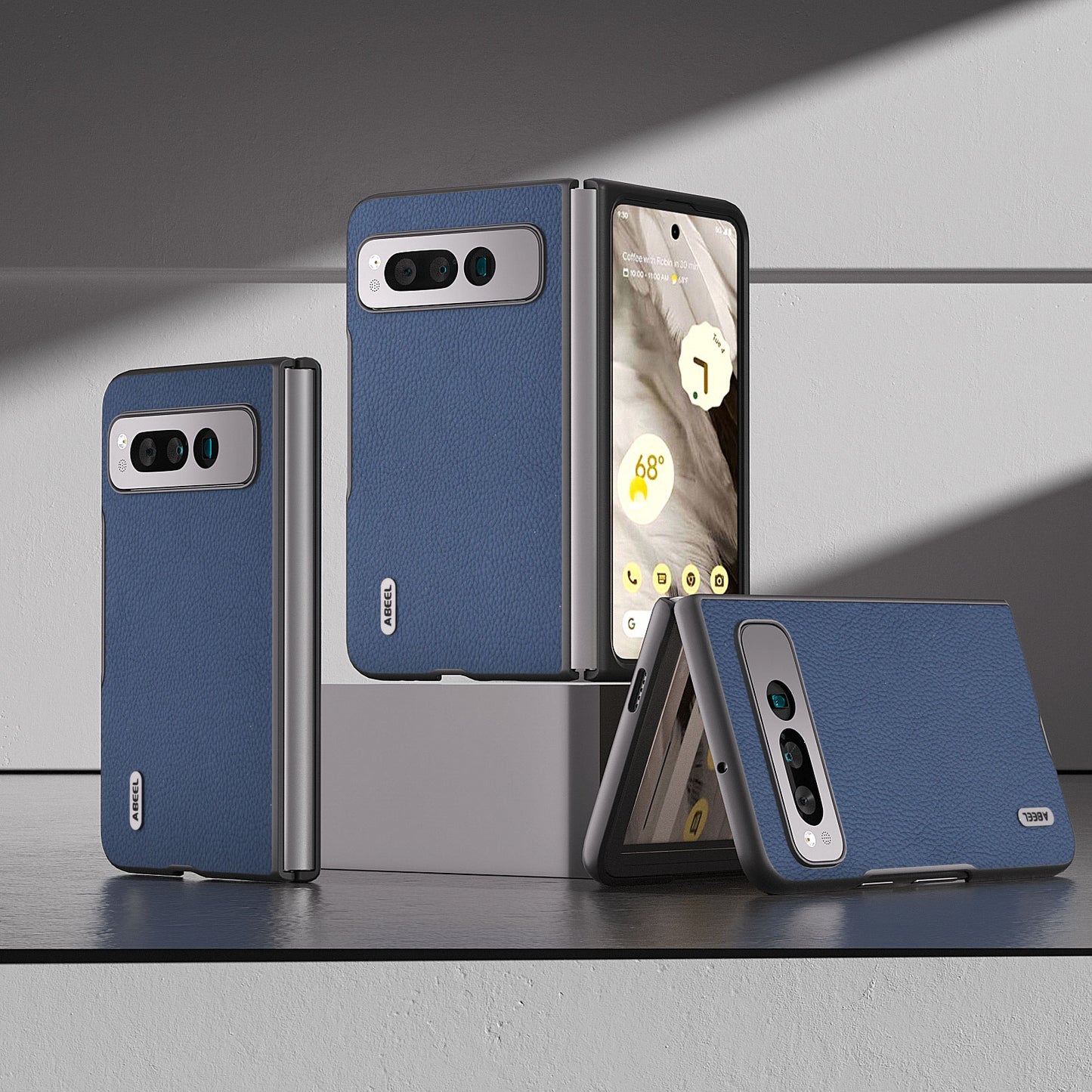 Uniqkart for Google Pixel Fold Cowhide Leather + Hard PC Cover Litchi Texture Folding Protective Phone Case - Blue