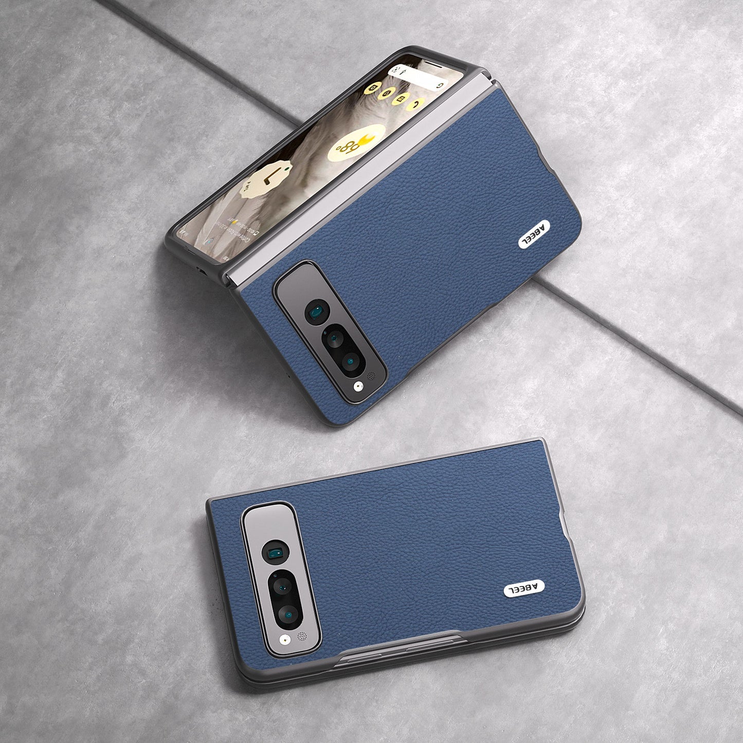 Uniqkart for Google Pixel Fold Cowhide Leather + Hard PC Cover Litchi Texture Folding Protective Phone Case - Blue