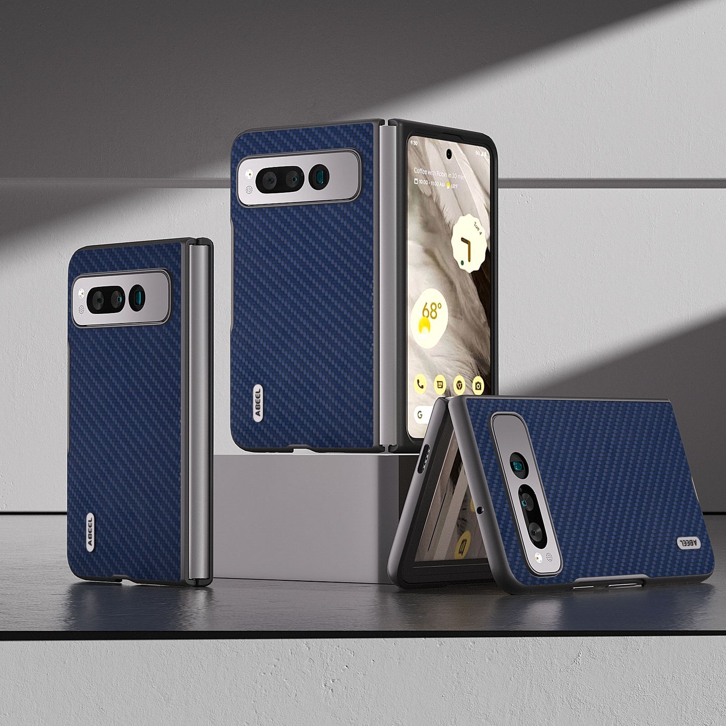 Uniqkart For Google Pixel Fold PU Leather + Hard PC Phone Case Carbon Fiber Texture Folding Shockproof Cover - Blue