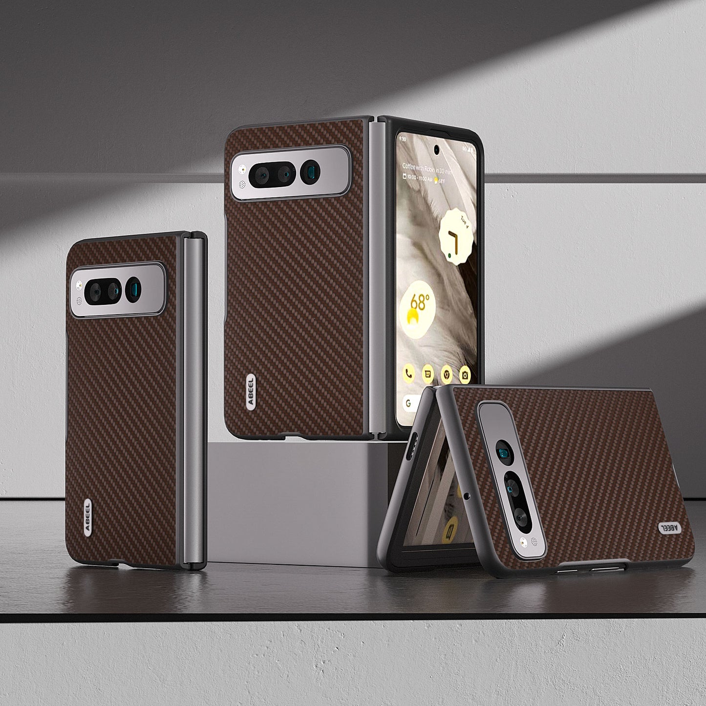 Uniqkart For Google Pixel Fold PU Leather + Hard PC Phone Case Carbon Fiber Texture Folding Shockproof Cover - Brown