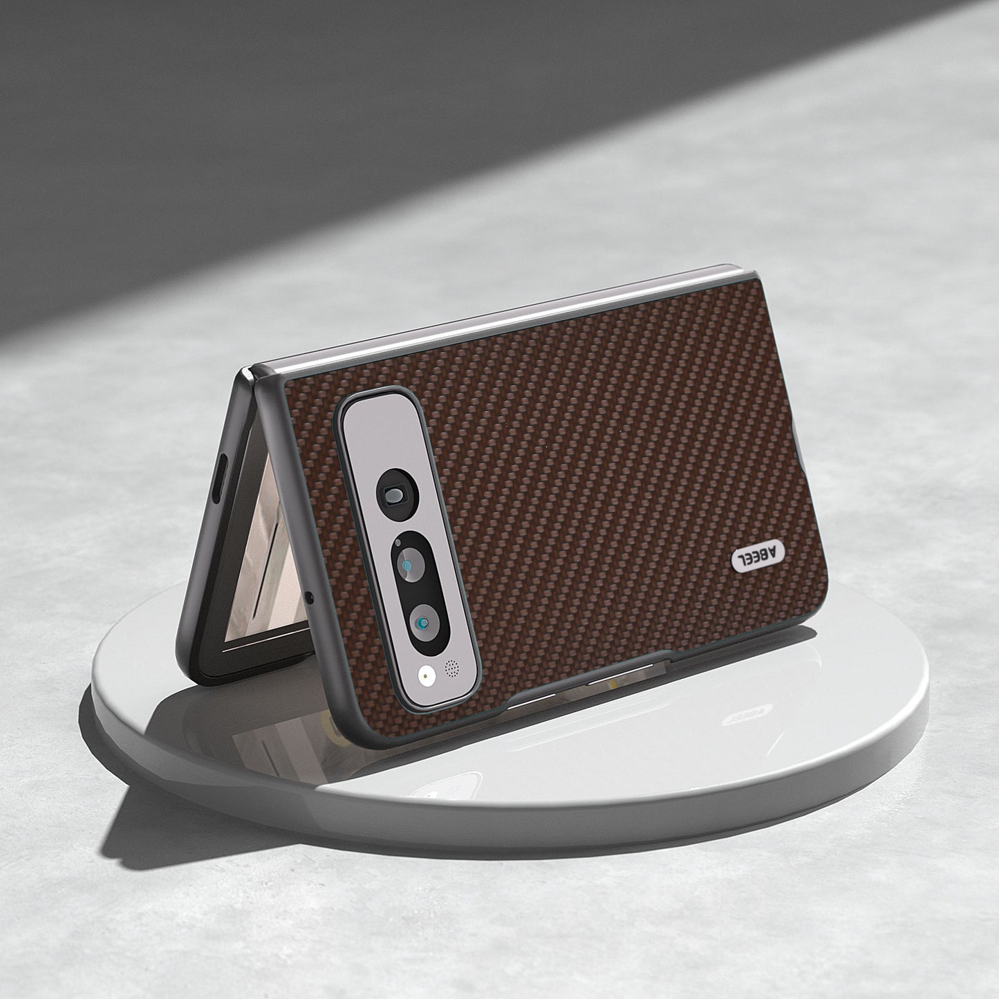 Uniqkart For Google Pixel Fold PU Leather + Hard PC Phone Case Carbon Fiber Texture Folding Shockproof Cover - Brown
