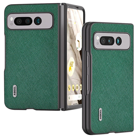 Uniqkart for Google Pixel Fold Cell Phone Case Cowhide Leather + PC Cross Texture Cover - Green