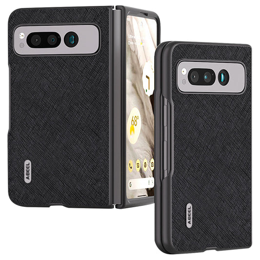 Uniqkart for Google Pixel Fold Cell Phone Case Cowhide Leather + PC Cross Texture Cover - Black