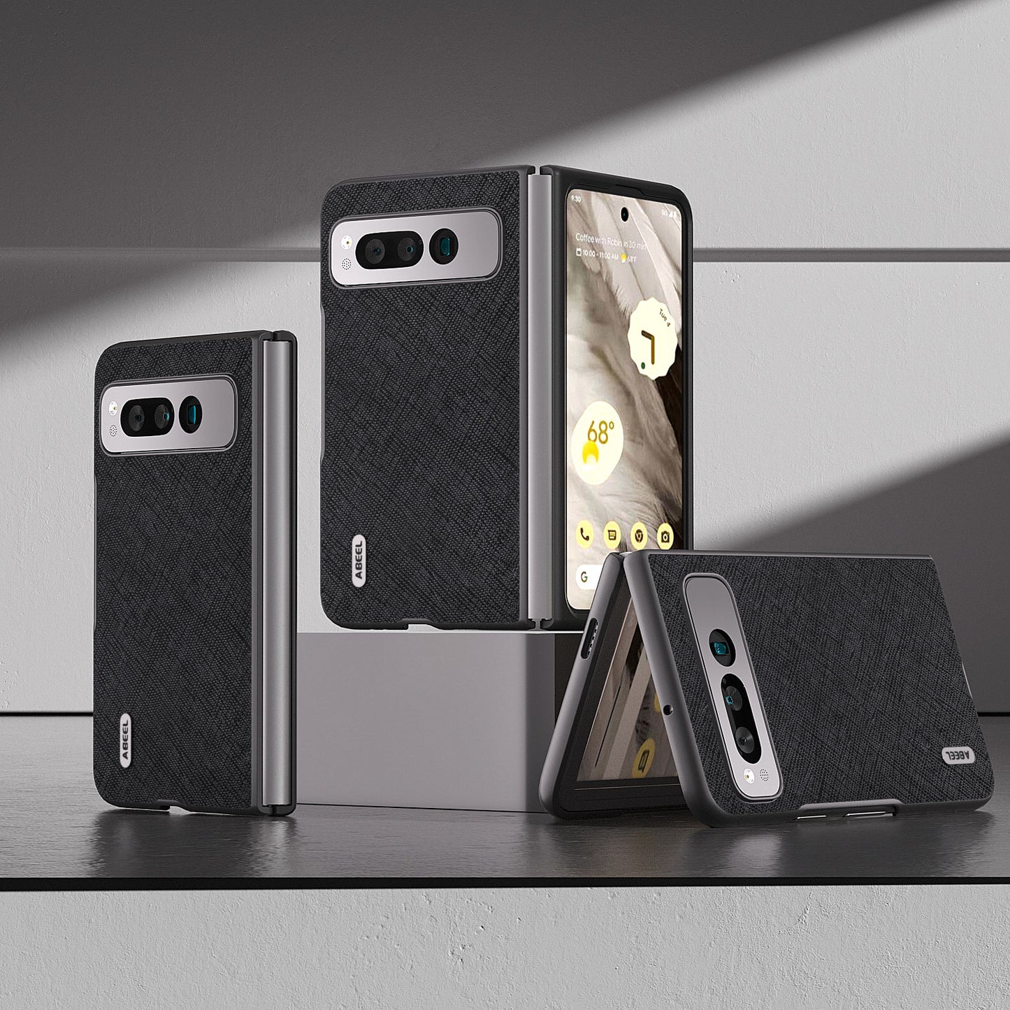 Uniqkart for Google Pixel Fold Cell Phone Case Cowhide Leather + PC Cross Texture Cover - Black