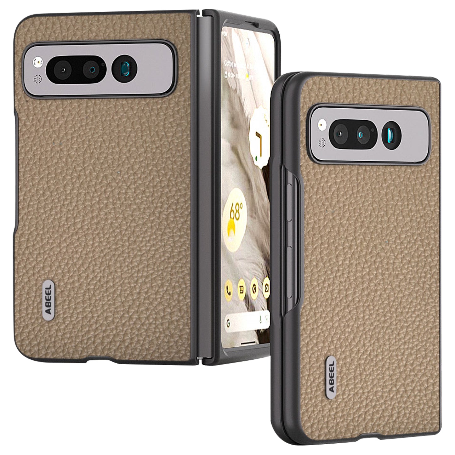 Uniqkart For Google Pixel Fold Litchi Texture Phone Case Cowhide Leather Coated PC Anti-Scratch Cover - Khaki