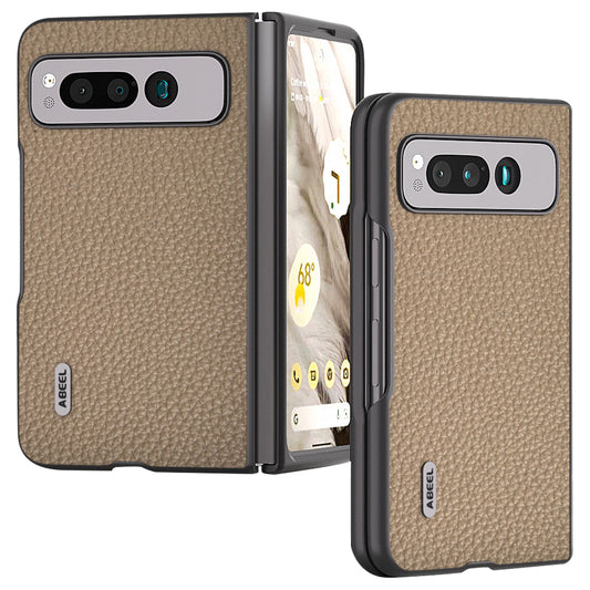 Uniqkart For Google Pixel Fold Litchi Texture Phone Case Cowhide Leather Coated PC Anti-Scratch Cover - Khaki