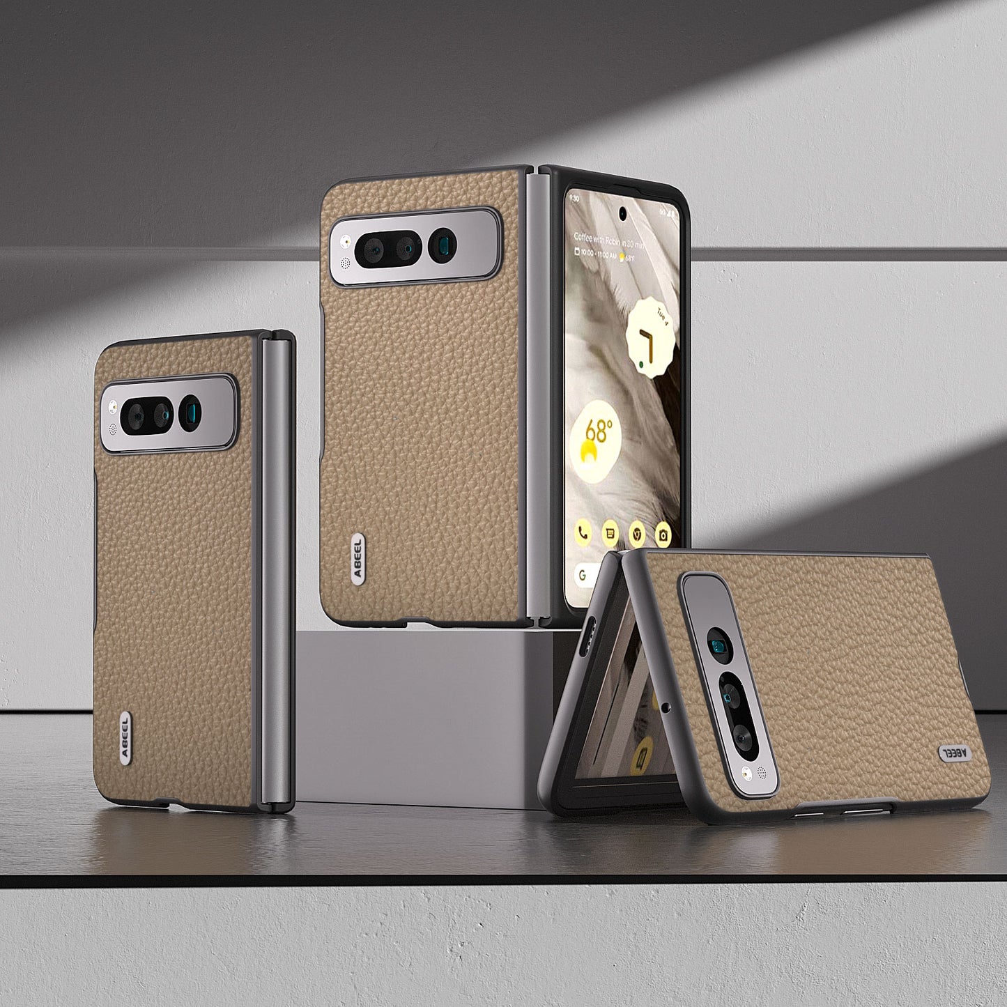 Uniqkart For Google Pixel Fold Litchi Texture Phone Case Cowhide Leather Coated PC Anti-Scratch Cover - Khaki