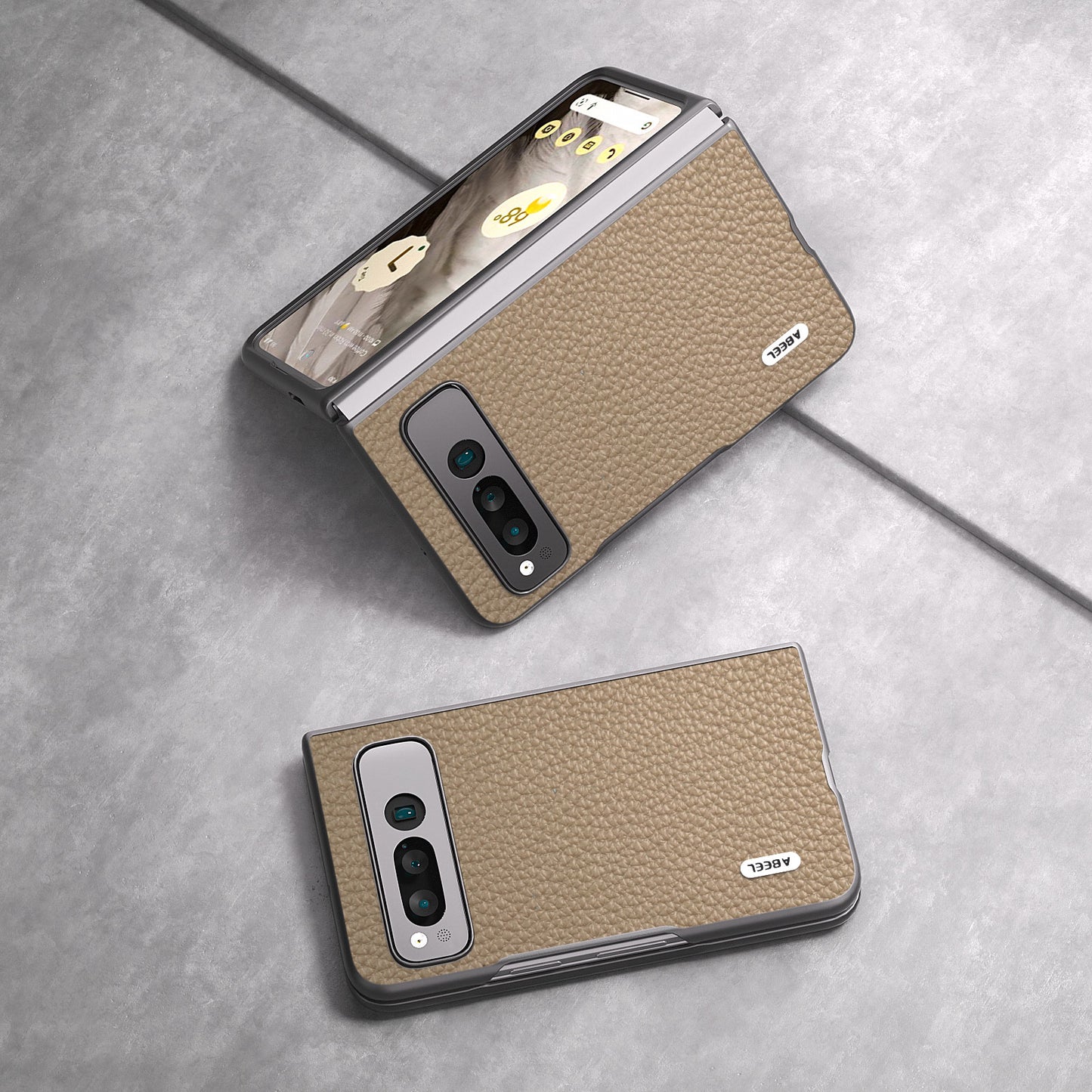 Uniqkart For Google Pixel Fold Litchi Texture Phone Case Cowhide Leather Coated PC Anti-Scratch Cover - Khaki