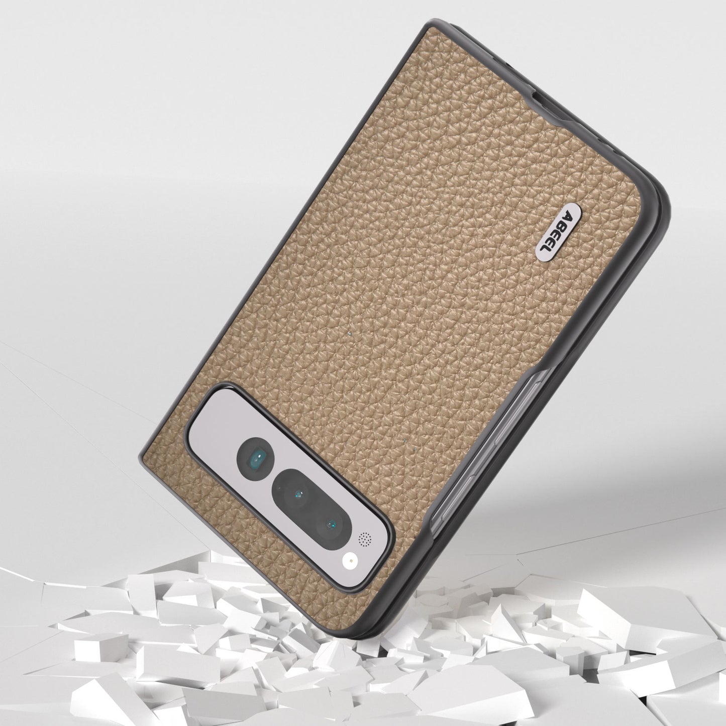 Uniqkart For Google Pixel Fold Litchi Texture Phone Case Cowhide Leather Coated PC Anti-Scratch Cover - Khaki