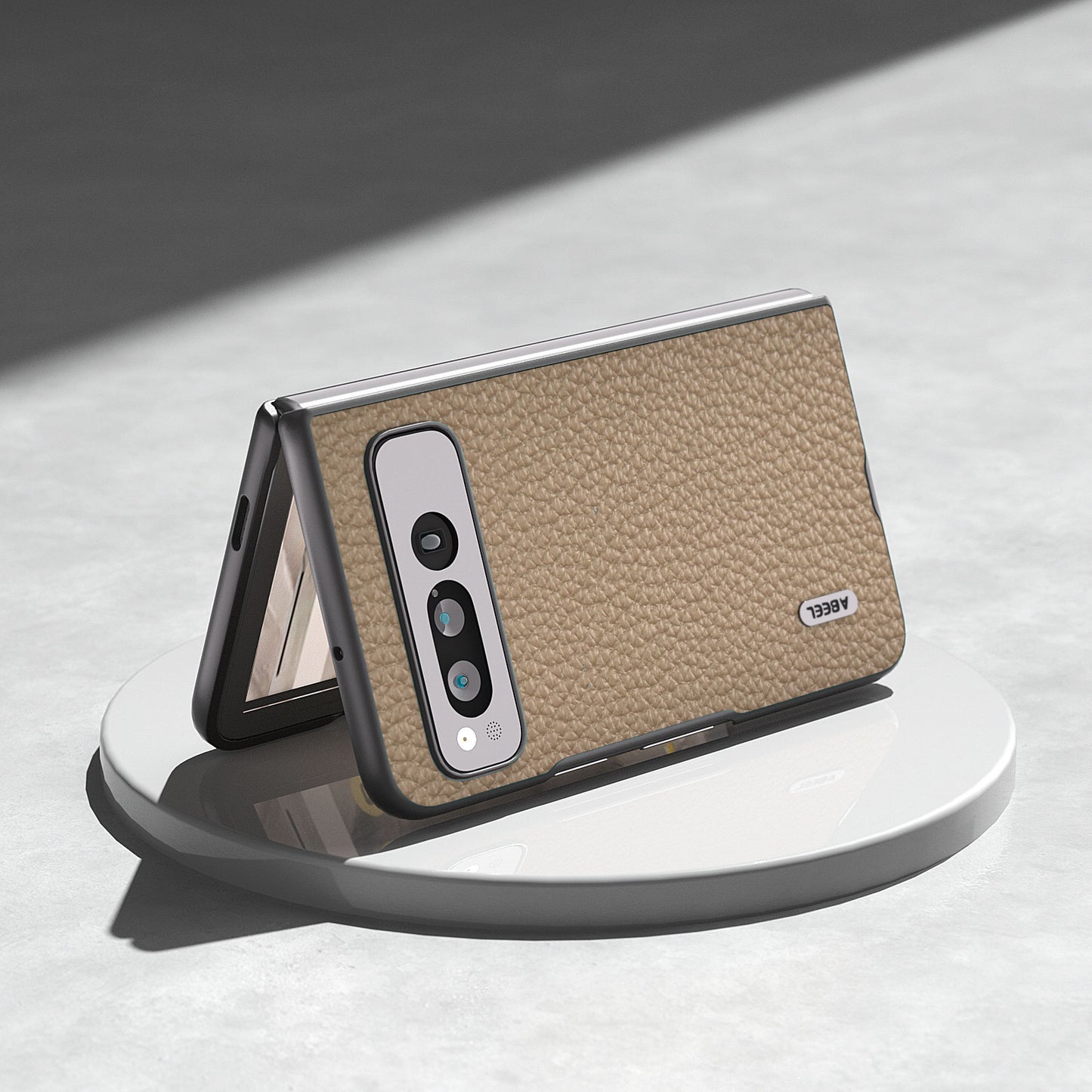 Uniqkart For Google Pixel Fold Litchi Texture Phone Case Cowhide Leather Coated PC Anti-Scratch Cover - Khaki