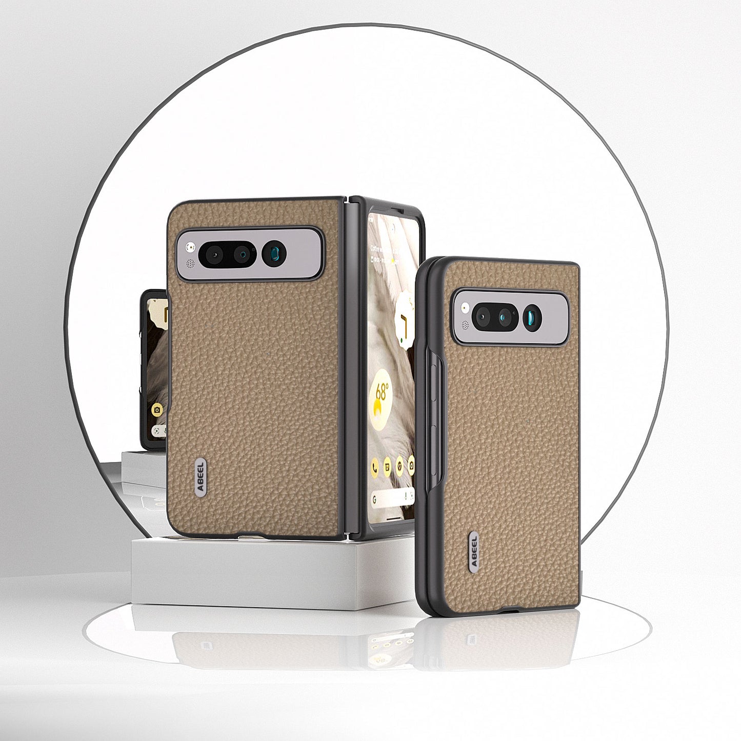 Uniqkart For Google Pixel Fold Litchi Texture Phone Case Cowhide Leather Coated PC Anti-Scratch Cover - Khaki