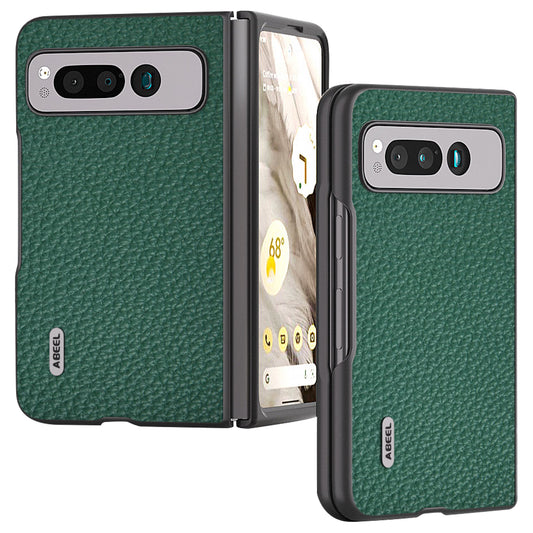 Uniqkart For Google Pixel Fold Litchi Texture Phone Case Cowhide Leather Coated PC Anti-Scratch Cover - Green