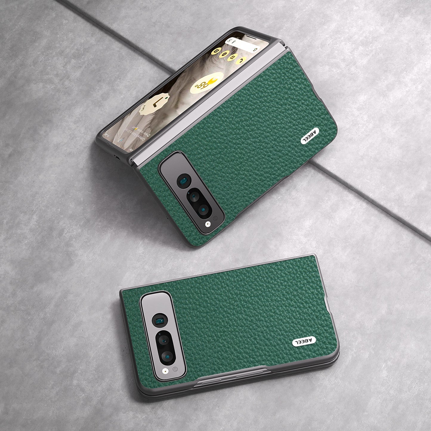 Uniqkart For Google Pixel Fold Litchi Texture Phone Case Cowhide Leather Coated PC Anti-Scratch Cover - Green